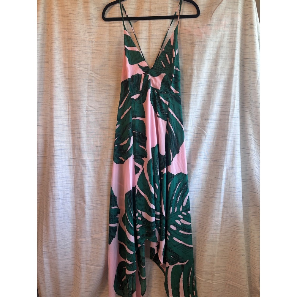 Express Tropical Palm Leaf Print Handkerchief Hem Maxi Dress Pink Green 10